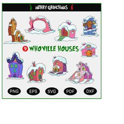 christmas houses decorations set, new year clipart, whoville buildings bundle, grinch cartoon vector  designs, merry gri
