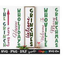 grinch vertical sign bundle svg | holiday porch design | grinch clipart | welcome to whoville | welcome grinches | merry