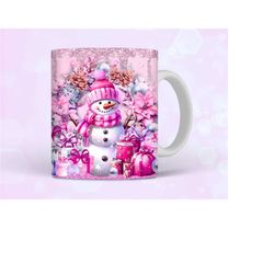 Pink Snowman Cute Christmas Mug Wrap, 11oz and 15oz Mug Sublimation Design, Holiday X-Mas Sparkly Glitter Winter Mug Wra