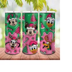 3D Inflated Pink Christmas 20oz Tumbler Wrap, Xmas Holiday Png, Mouse And Friends Christmas Inflated Wrap, Christmas 20o