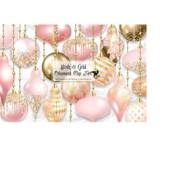 blush and gold christmas ornaments clipart, pink digital glitter christmas ball ornament clip art in png format for comm