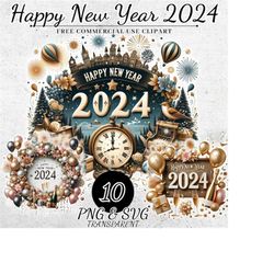 happy new year 2024 clipart, new years decorations png svg, new years party decor, new years eve digital download, junk