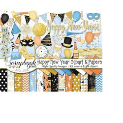 happy new year clipart and papers kit, 38 png clip arts, 22 jpeg papers instant download champagne wine party new year&3