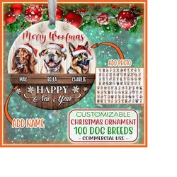 customizable merry woofmas - happy new year, 100 dog breeds, christmas ornament png, buffalo plaid, christmas dog wreath