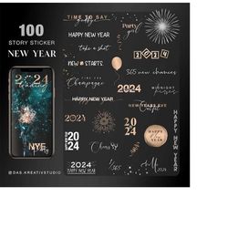 100 instagram story sticker happy new year 2024 new years eve silvester gold wallpaper love frames gold silver digital p