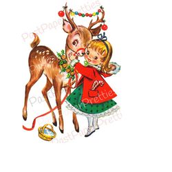 vintage printable cute christmas girl and reindeer card image retro 1950s pdf instant digital download kitsch holiday cl