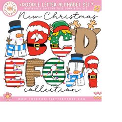 christmas clip art  doodle letters and numbers, uppercase alphabet set, retro christmas sublimation letters, santa xmas