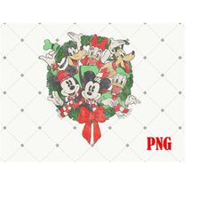 mickey and friends group shot christmas wreath png, mouse family vintage retro png, christmas squad png