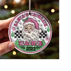 santa favorite teacher ornament, christmas teacher ornament sublimation png, retro teacher round ornament