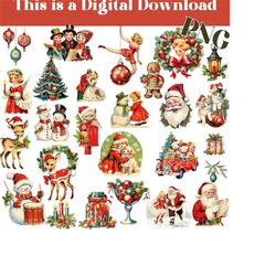 94 1950s vintage christmas png printable set, retro festive illustration, santa digital download, kitsch clipart pack, f