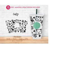 24oz cute cat and paw coffee cold cup svg, black cat, venti full wrap svg,  gift for her, pre sized cold cup, cup svg, p