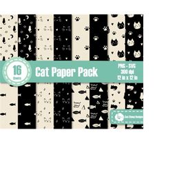 cat digital paper pack in black and white/ cute animal pattern set in svg png/ hand drawn/ collage and scrapbook paper/