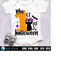 my 1st halloween svg, first halloween girl, cute black cat with bow, baby halloween svg