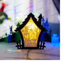 black cat haunted house shadow box halloween pdf, svg light box for cricut projects - diy paper lanterns halloween decor