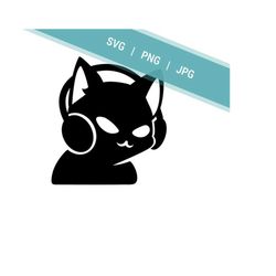 cat head with headphones svg | cut file for cricut | black cat listening to music silhouette
