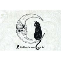 cat and moon svg, gotic art, mystical black cat engraving clipart, halloween wall decor, ai eps dxf png, cut files, glow