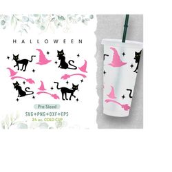 24oz witch halloween cold cup svg, black cat svg, cat mom, venti cold cup svg, ghost svg,pre sized svg,decal perfect fit