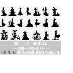 20x witch svg bundle, halloween witch svg, black cat png, fall svg, halloween svg, retro svg, silhouette clipart, file f