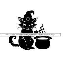black halloween cat svg, cat boiling cauldron svg, witch cat svg, clipart, files for cricut, cut files for silhouette, d