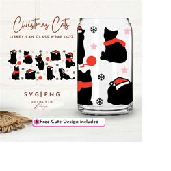 christmas cats 16oz glass can wrap svg, black cat christmas, funny cat svg, cat lover svg, meowy christmas, cat paw svg,