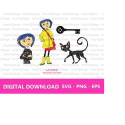 witchy girl with black cat and a key svg bundle, layered, png, silhouette, eps, clipart, digital, cricut, cut files diy