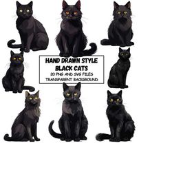 hand drawn style black cats clipart watercolor cats and kittens in png and svg format commercial use transparent backgro