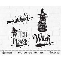 wicked witch bundle svg, cut files, halloween shirt design, witches broomstick, witch hat, black cat, stars, cricut, sil