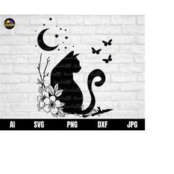 floral cat svg, floral cat silhouette, cat with flowers svg, cat svg, cat flowers svg,  floral cat moon svg, cat black s