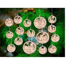 16 christmas ornaments tree decoration svg files, 2 & 3 layer christmas balls bundle, hanging bauble svg laser cut files