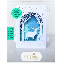 christmas 3d card svg, 3d svg, pop-up card, 3d papercut card, tunnel card, elk and birch trees card template, new year c