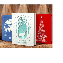 3 christmas cards set, christmas cards templates svg, christmas invitation file, papercut card, birch trees deer svg  sn