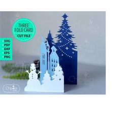 three fold christmas card  envelope svg, winter card template svg, christmas invitation file, papercut card, snowman, si