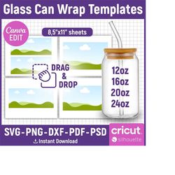 12oz 16oz 20oz 24oz libbey glass svg full wrap template bundle, libby beer can glass jar cup template svg files for cric