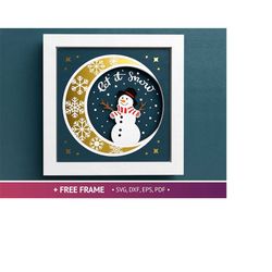 3d snowman moon shadow box, christmas shadow box svg, let it snow papercut, snowflakes 3d svg,files for cricut with easy