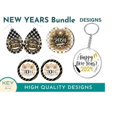 Happy New Year 2024 Teardrop Earrings Png, New Year Sublimation Coaster Designs, New Years Keychain Svg, Round Earring B