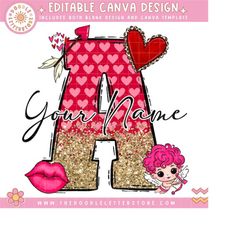 editable valentine&39s day red and pink hearts doodle letter, canva template, make your own name, personalise custom nam