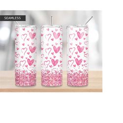 pink glitter hearts tumbler design, love valentines day 20oz skinny tumbler tapered, straight sublimation full wrap png