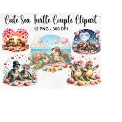 watercolor cute sea turtle couple clipart, 12 png valentines day clipart, sea turtle png, ocean png, floral turtle clipa