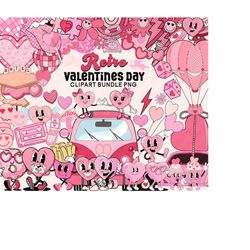 retro valentine day clipart bundle, groovy valentine clipart, retro clipart, valentine smiley heart daisy love png, digi