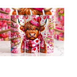 highland cow valentines day tumbler wrap, 20oz skinny tumbler sublimation design, love day heart tumbler png instant dig