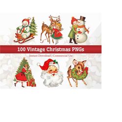 100 vintage christmas clipart bundle, retro xmas images png for sublimation, printable kitsch holiday winter illustratio