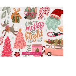 retro christmas png clipart, pink santa claus png, merry and bright, christmas dog, reindeer png, pink christmas tree, m