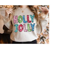 holly jolly christmas png, faux sequin, christmas png, retro design, christmas shirt png, sublimation design, digital do