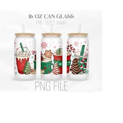 christmas tree cake can wrap png, christmas coffee png, retro christmas 16oz libbey glass can tumbler sublimation design