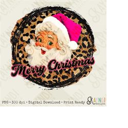 merry christmas retro sant sublimation design png digital download printable pink santa claus hat leopard cheetah vintag