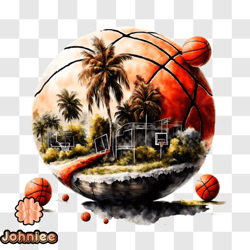 basketball ball floating on water with palm trees png design 110