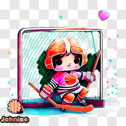 happy cartoon hockey player with puck and orange goalie net png design 128