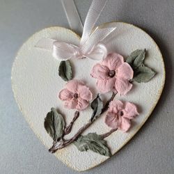 hanging heart with pink sakura mother's day gift love decor birthday gift wedding floral decor flower heart love decor