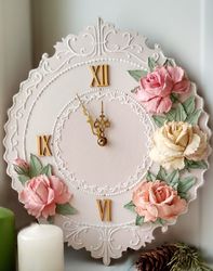 pink wall clock with roses shabby chic nursery decor birthday gift large wall clock for farmhouse housewarming gift