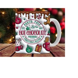 3d christmas hot cocoa inflated mug wrap, 11oz and 15oz mug sublimation design, 3d puffy north pole christmas vibes mug